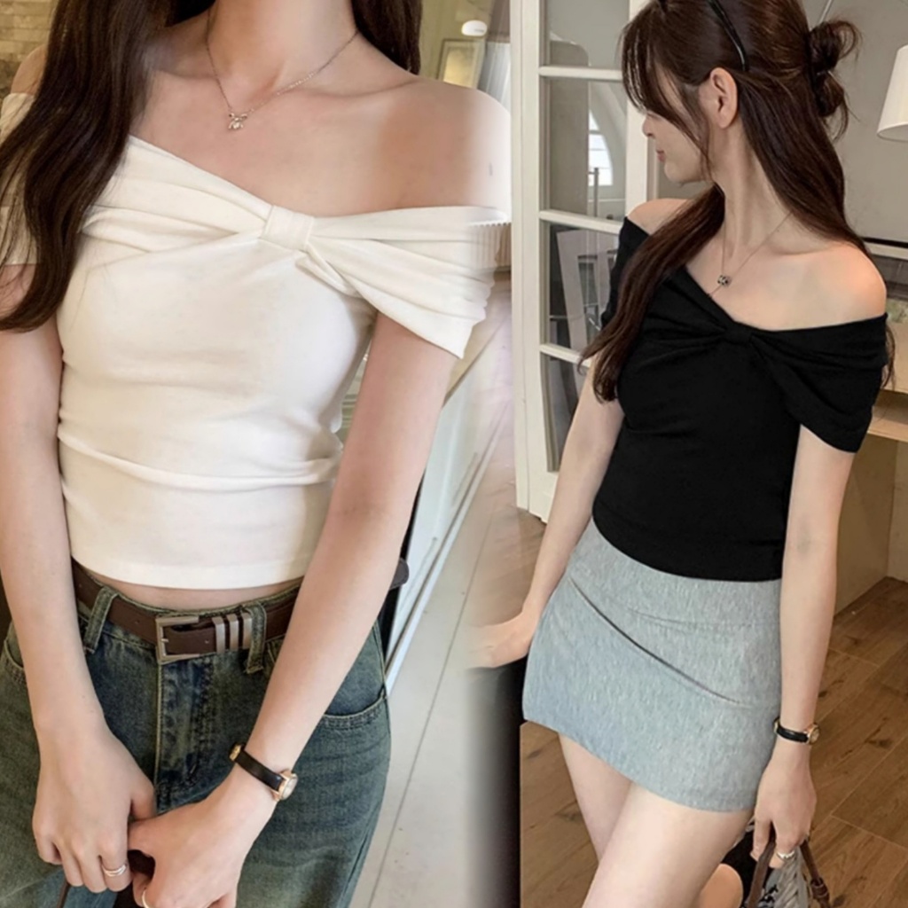 Luna Shop 🍒 สไตล์โบว์🎀เสื้อไหล่เดียวแขนสั้น✨✨เสื้อผ้าฤดูร้อนของผู้หญิง