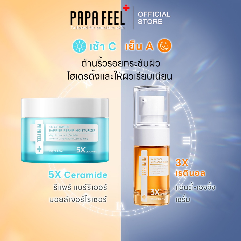 [เช้า C เย็น A] PAPA FEEL 5X CERAMIDE BARRIER MOISTURIZER ครีมทาหน้า 3X RETINOL Ceramide Soluble Collagen ครีมทาหน้า 30g+20ml