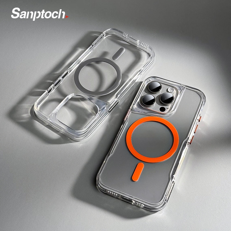 Sanptoch สําหรับแม่เหล็กคริสตัลใสเคสโทรศัพท์สําหรับ iPhone 17 16 15 14 13 12 Pro Max Soft TPU Edge + อะคริลิคปกแข็งโปร่งใสทหารกันกระแทกป้องกันปลอก