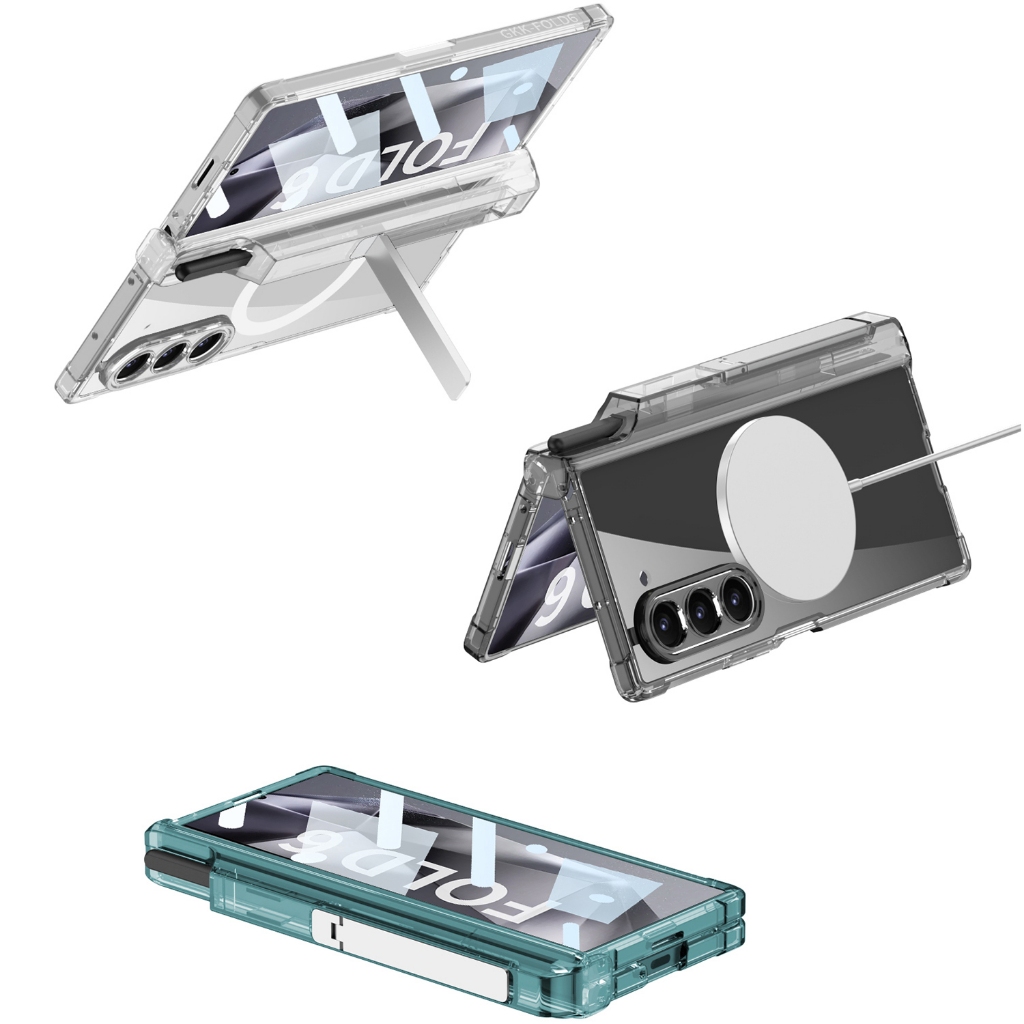 กรณีสําหรับ Samsung Galaxy Z FOLD 7 6 FOLD7 FOLD6 เคสโทรศัพท์โปร่งใสแม่เหล็กเต็มรูปแบบปกหลังแบบบูรณาการแก้วป้องกันหน้าจอพร้อมขาตั้งด้านข้าง