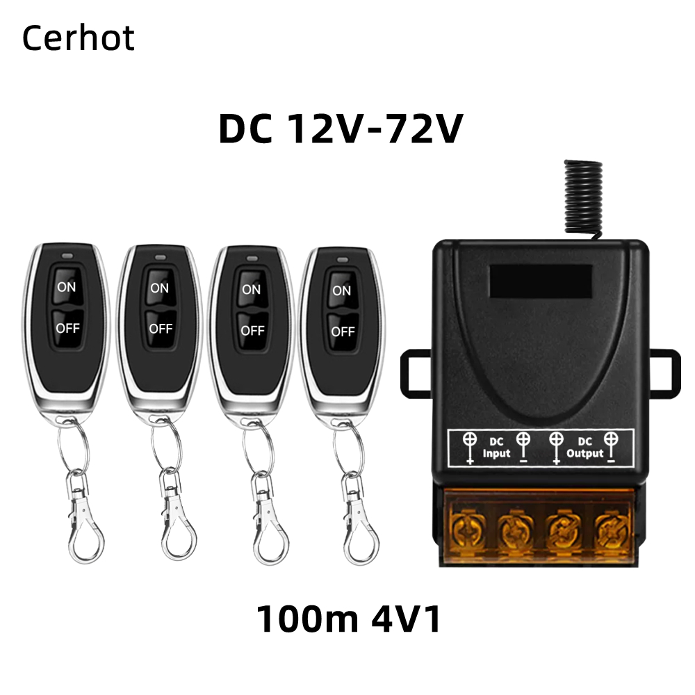 Cerhot สวิตช์รีโมตคอนโทรลไร้สาย DC 12V 24V 48V 72V 30A 5000W สําหรับเครื่องใช้ในครัวเรือน ปั๊ม ไฟเพดาน และอุปกรณ์ไฟฟ้า ระยะไกล 100 เมตร