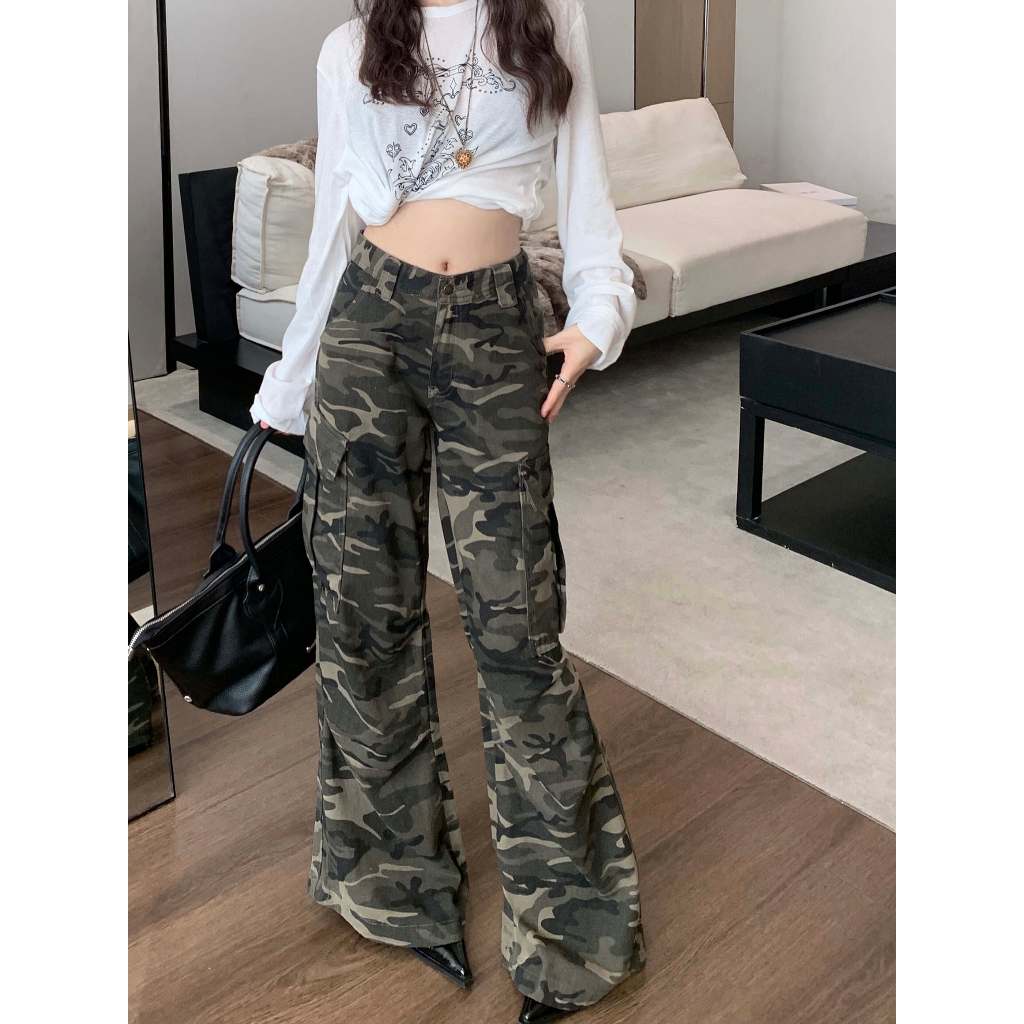 「MOTEL7」การตกแต่งกระเป๋าลายพรางย้อนยุคชุดเอี๊ยมขากว้างกางเกงถูพื้นลําลองทรงหลวมเอวต่ํา