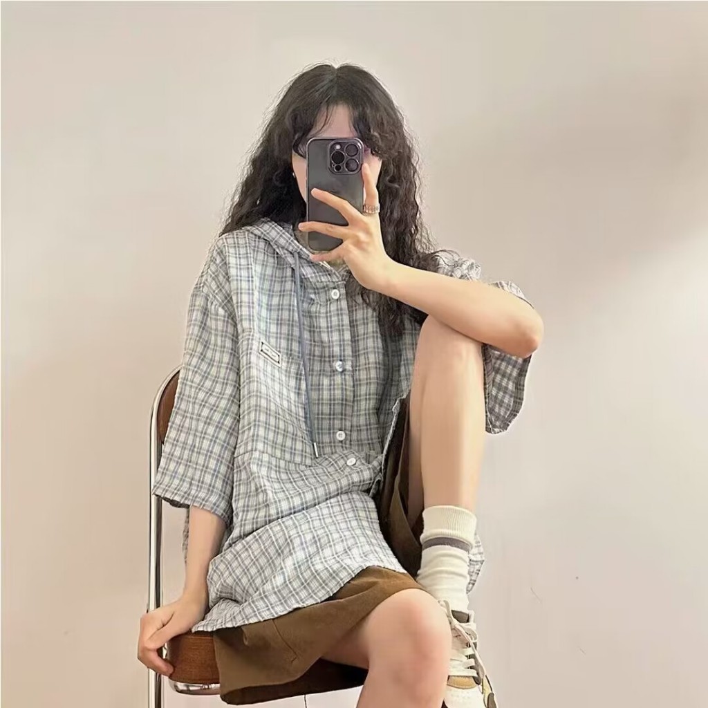 เสื้อลายสก๊อตหลวมอเมริกันย้อนยุคเสื้อคลุมด้วยผ้าคลุมด้วยผ้าเสื้อผู้หญิงเทรนด์