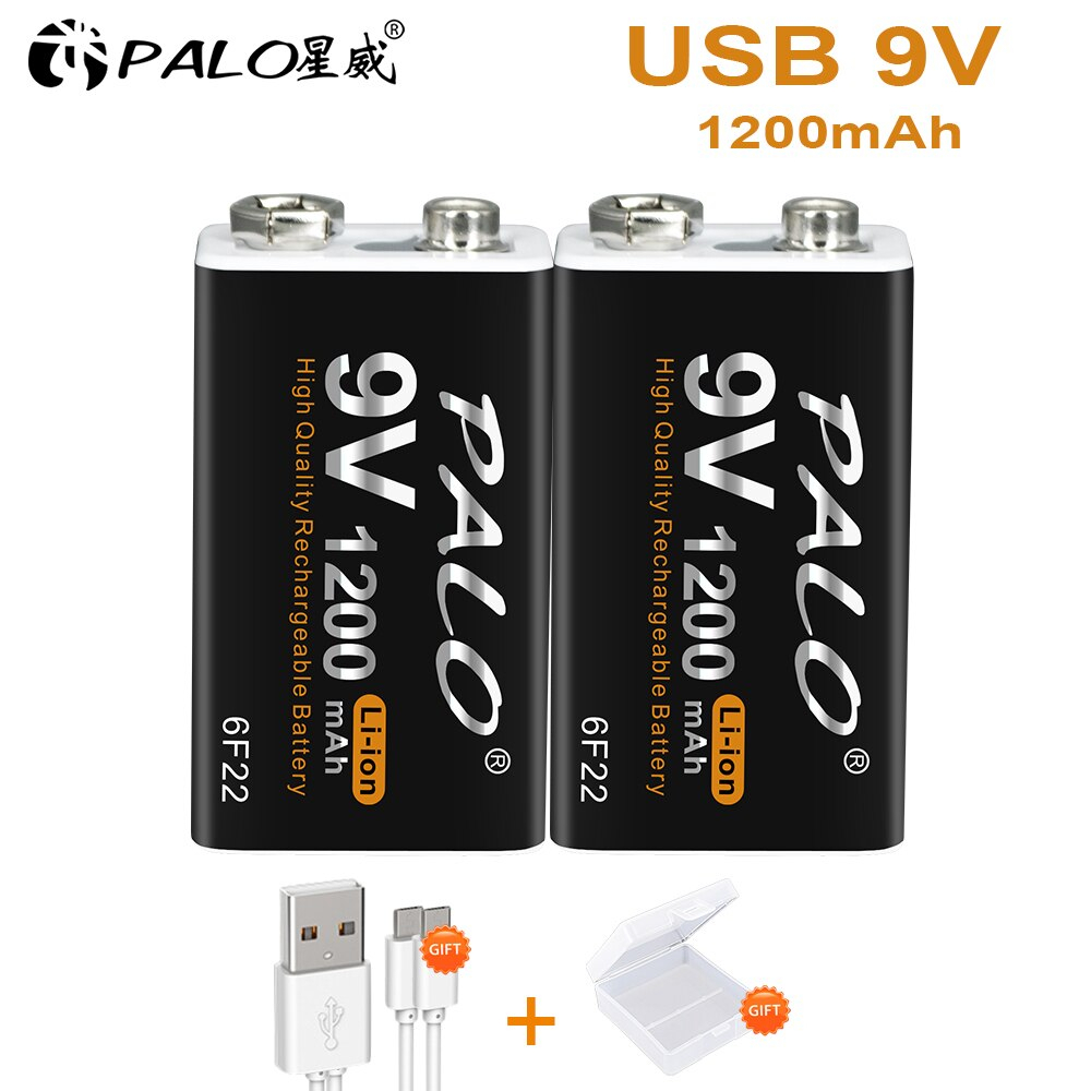 Palo แบตเตอรี่ 9V 1200mAh LI-ION 9 โวลต์ 6F22 Micro USB ชาร์จได้ ถ่านชาร์จ