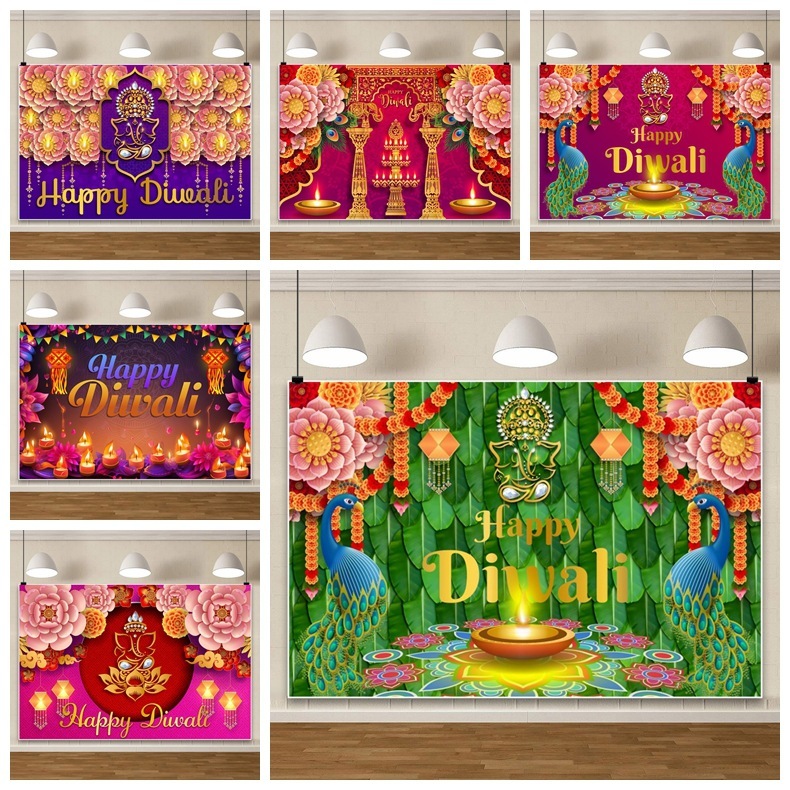 7x5ft Happy Diwali BannerIndia เทศกาลไฟนกยูง Diwali ฉากหลังตกแต่ง Party Supplies พื้นหลังการถ่ายภาพส