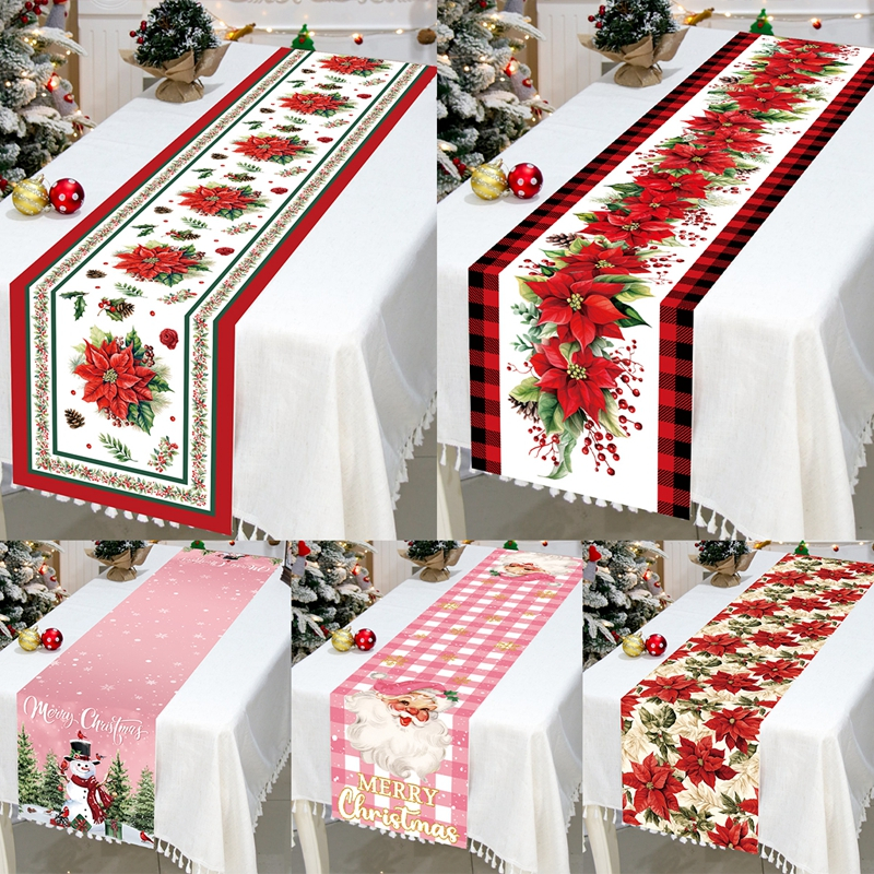 New180*35 ซม.โพลีเอสเตอร์ Poinsettia คริสต์มาสตาราง Runner ตกแต่งคริสต์มาสสีแดงสีดําลายสก๊อตตารางแบนเนอร์สีชมพู Santa Snowman รูปแบบตารางตกแต่งคริสต์มาสสําหรับ Home