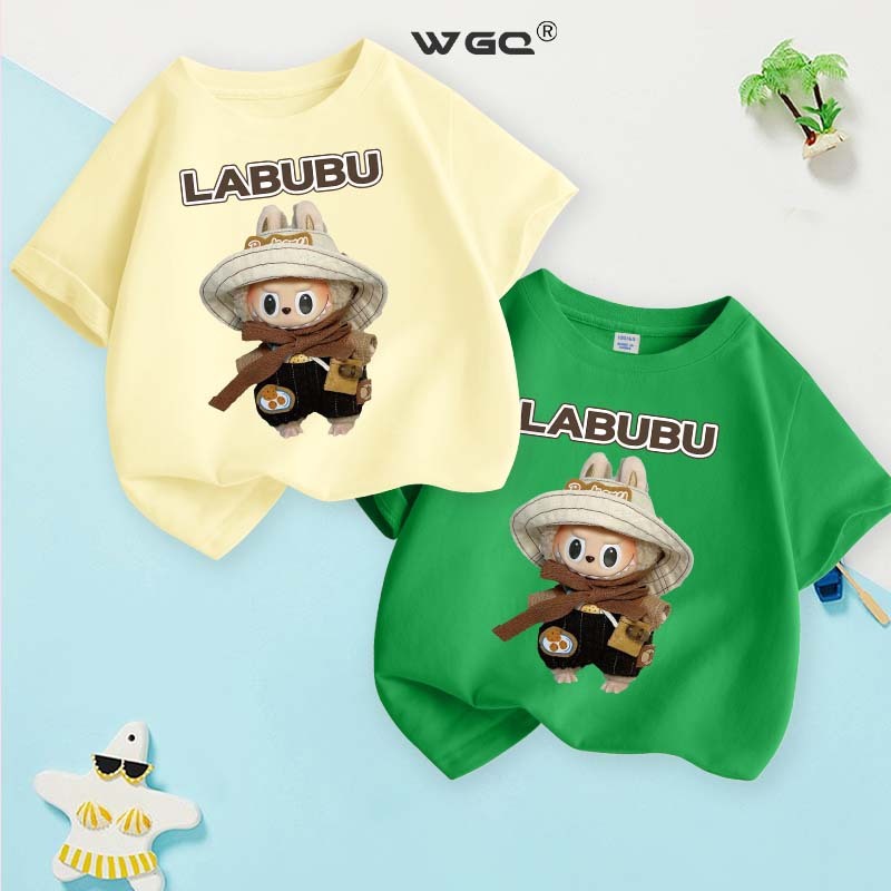 [110cm-160cm]WGQ เสื้อยืดแขนสั้น Labubu พิมพ์ลาย แฟชั่นฤดูร้อน เด็กชายแขนสั้น สาวแขนสั้น