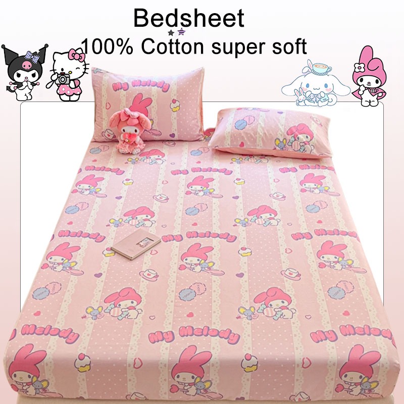 ผ้าปูที่นอน Sanrio ผ้าฝ้าย 100% สีชมพูอ่อน ลาย Hello Kitty Melody Cinnamoroll ผ้าปูที่นอนแบบรัดมุม ขนาด 3 ฟุต 3.5 ฟุต 5 ฟุต 6 ฟุต ปลอกที่นอน