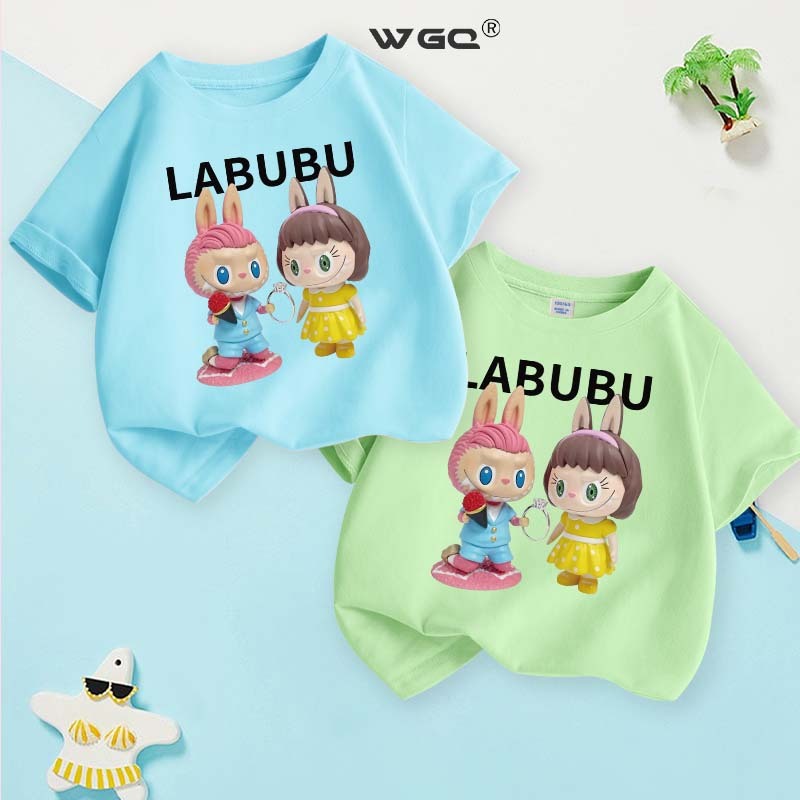 [110cm-160cm] WGQ เสื้อยืดแขนสั้น Labubu พิมพ์ลาย แฟชั่นฤดูร้อน เด็กชายแขนสั้น สาวแขนสั้น