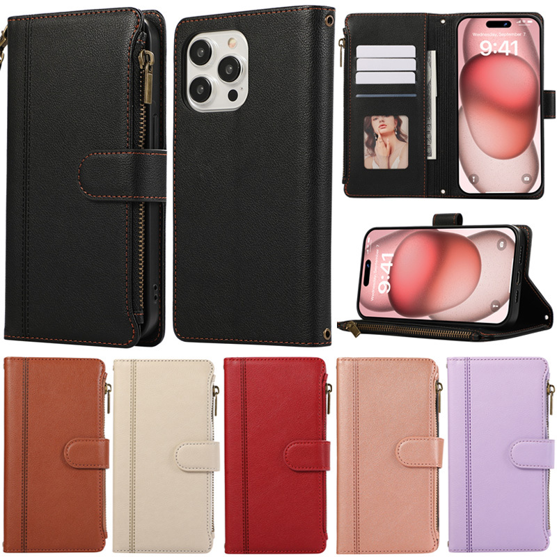 หรูหราสําหรับiphone 15 Pro Max 14 Plus 13 Pro Max 12 Mini 14 Pro Max 13 Mini 14 Pro Max 15 Plus 12 Pro Max 11 Pro Maxซิปกระเป๋าสตางค์ช่องใส่การ์ดหนังนุ่มพลิกผิวกรณี