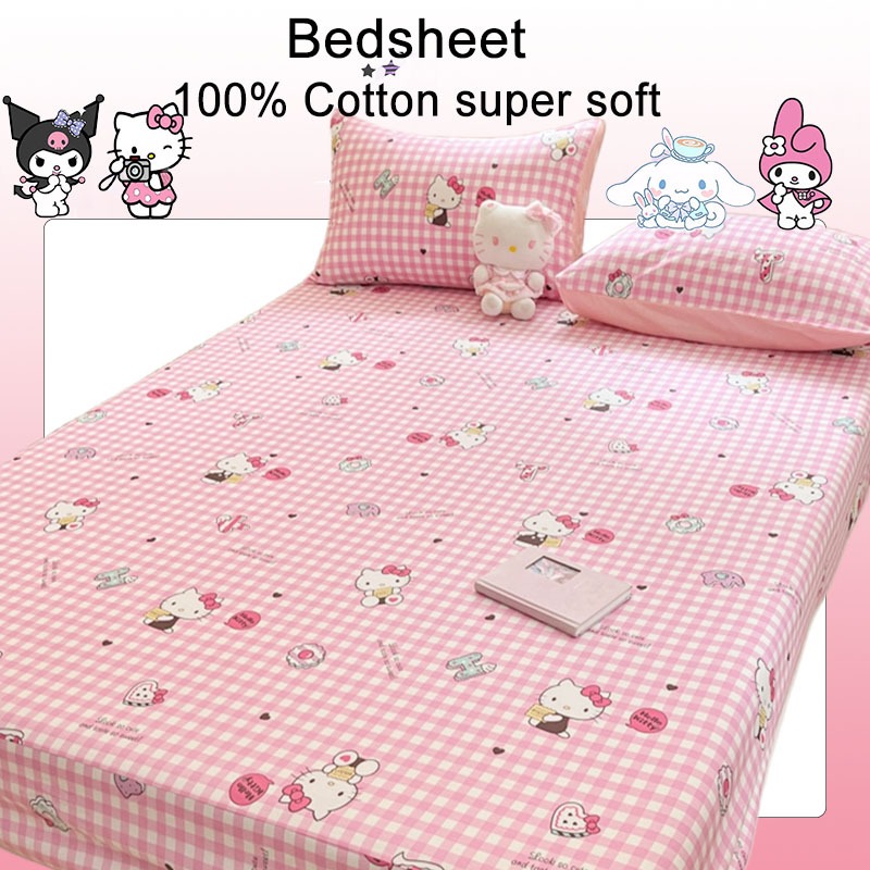 ผ้าปูที่นอนคอตตอน 100% Sanrio Pink Hello Kitty Melody Cinnamoroll ผ้าปูที่นอนแบบรัดมุม 3 ฟุต 3.5 ฟุต 5 ฟุต 6 ฟุต