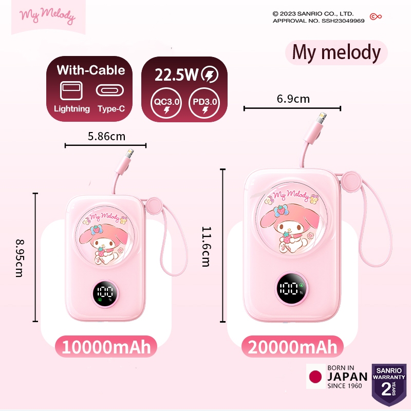 Sanrio Melody พาวเวอร์แบงชาร์จเร็ว 10000mAh/20000mAh Power Bank20W&22.5W PD& QC3.0 พาวเวอร์แบงค์ มีสายชาร์จแล หน้าจอ LED