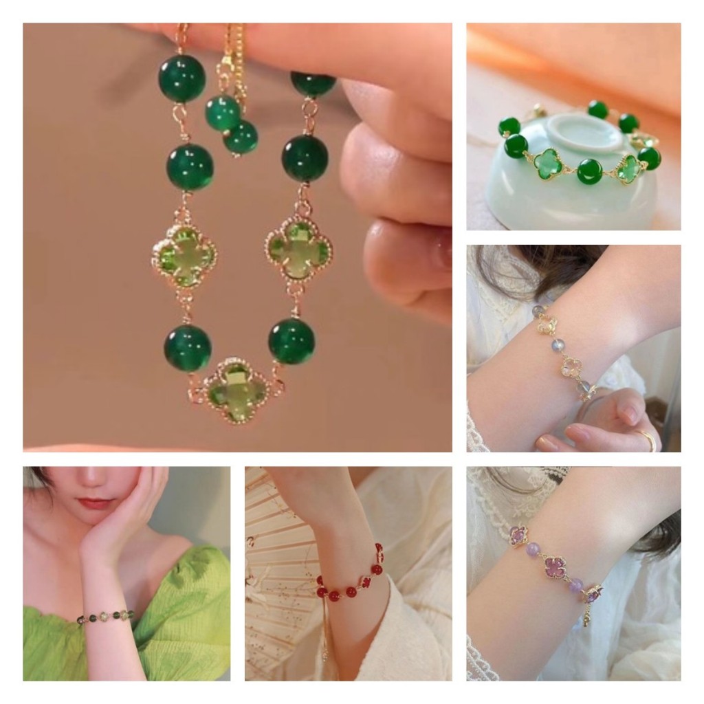 สร้อยข้อมือคริสตัลอาเกตสี่ใบโคลเวอร์คลาสสิกของผู้หญิง