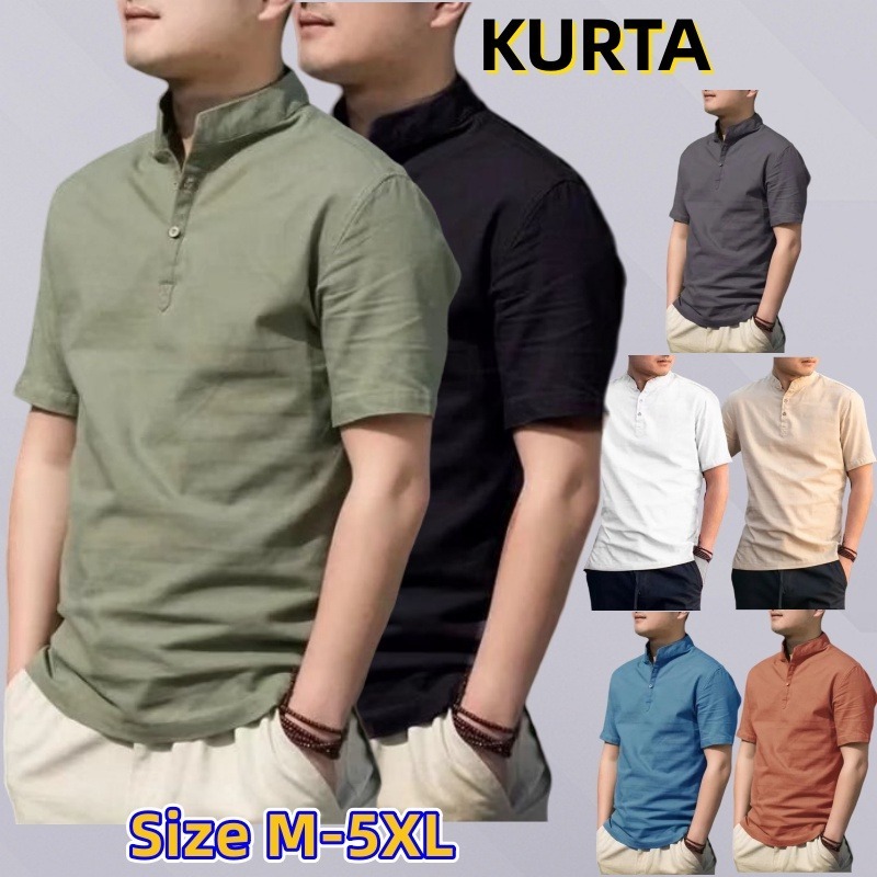 เสื้อเชิ้ตแขนสั้นผู้ชายผ้าลินินสบายๆหลวมเสื้อยืดธรรมดา