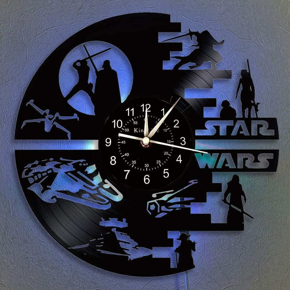 นาฬิกาแขวนบันทึกไวนิล Star War พร้อมโคมไฟกลางคืน 7 สี ,ของขวัญ Star Wars สําหรับผู้ชายเด็ก,ห้องนั่งเล่นห้องนอน Study Wall Art นาฬิกา