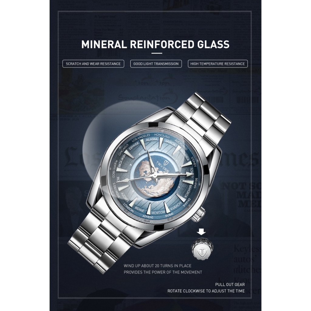 Tevise 2024 Earth Series นาฬิกาผู้ชาย Premium Edition นาฬิกากลไกอัตโนมัติส่องสว่างกันน้ํามัลติฟังก์ช