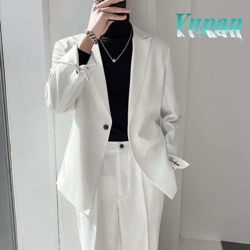 Vupan เสื้อเบลเซอร์ผู้ชาย เสื้อสูทแบบาง กระดุมแถวเดียว ฟรีเนคไท