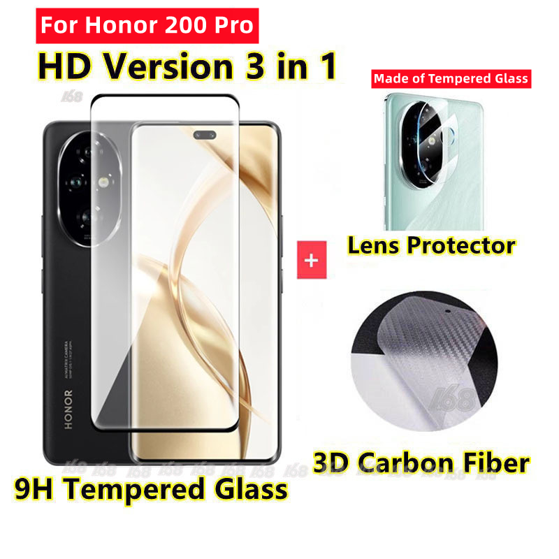 ฟิล์ม Honor 200 Pro กระจกนิรภัยโค้งหน้าจอป้องกันเต็มฝาครอบกล้องเลนส์ป้องกันหน้าจอกระจก 3In 1 คาร์บอนไฟเบอร์ฟิล์มด้านหลัง