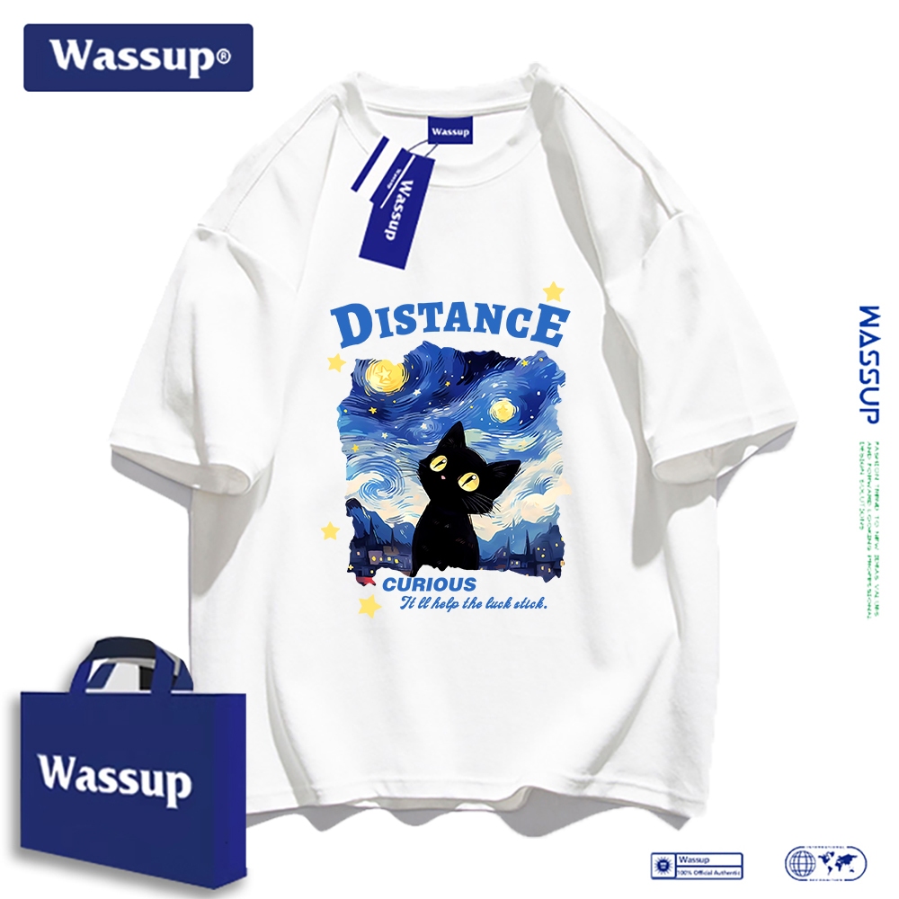 Wassup แบรนด์ต้นฉบับ เสื้อยืดสตรีทแนวการ์ตูนสำหรับผู้ชายและผู้หญิง แบบหลวม เสื้อคู่