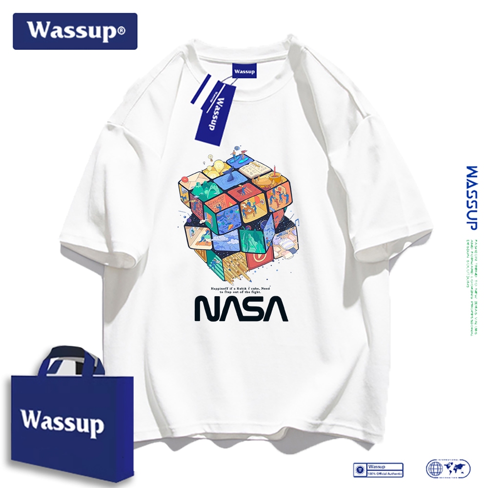Wassup คอลเลกชันร่วมกับ NASA เสื้อยืดสตรีทแฟชั่นลายพิมพ์ สำหรับผู้ชายและนักเรียน ผ้าฝ้ายแท้และหลวม