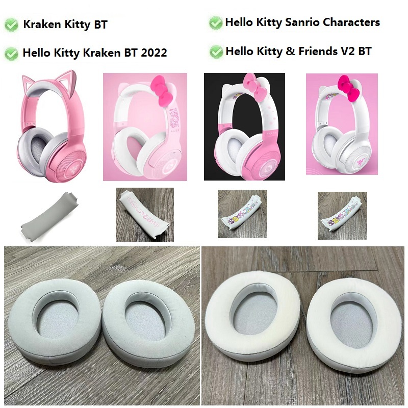 Original แผ่นรองหูฟังสําหรับ Razer Hello kitty Kraken BT 2022/Kraken kitty BT/V2 BT/Sanrio หูฟังเปลี่ยน earmuffs แถบคาดศีรษะ
