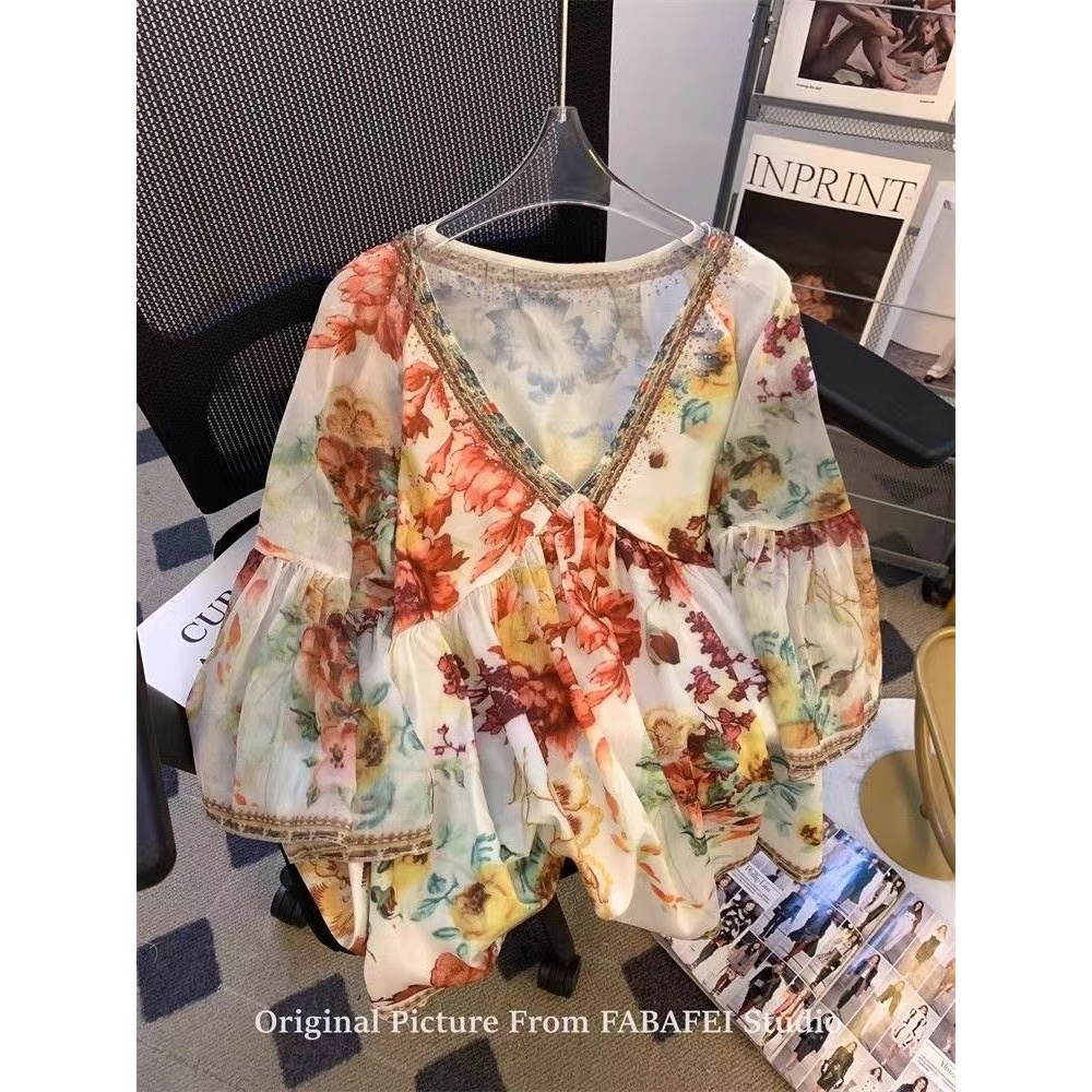 สไตล์เกาหลีผู้หญิงสุภาพสตรีหลวมดอกไม้พิมพ์ Batwing เสื้อแขนยาวเสื้อ Baju Wanita Lengan Panjang