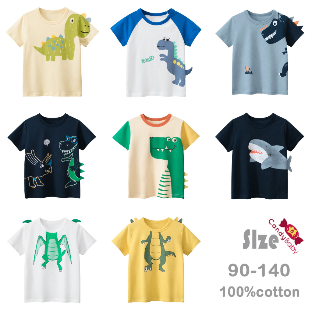 เด็กชายผ้าฝ้ายการ์ตูนไดโนเสาร์แขนสั้น คอกลม เสื้อยืดน่ารัก ฤดูร้อน