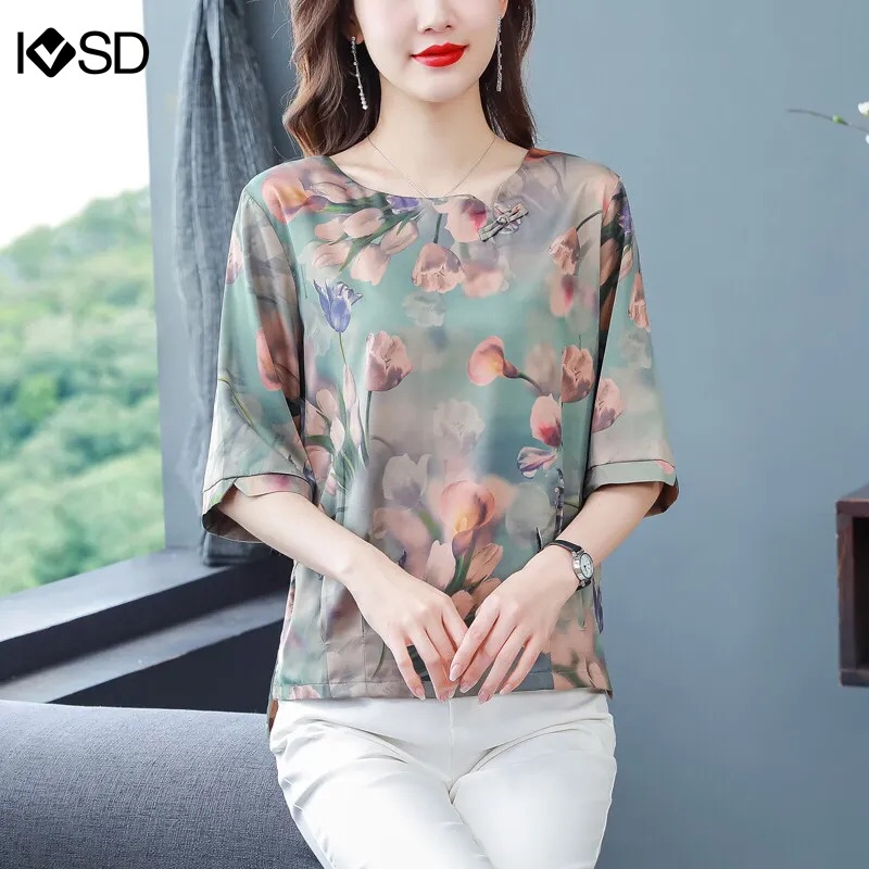 Ivsd เสื้อชีฟองลายดอกไม้ผู้หญิงขนาดบวกหรูหราทีเสื้อพิมพ์เสื้อหลวมเสื้อ