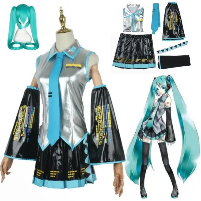 อะนิเมะ Miku คอสเพลย์เครื่องแต่งกายวิกผม Headwear ชุดสิทธิบัตรหนังชุดปาร์ตี้ฮาโลวีนสําหรับผู้หญิง