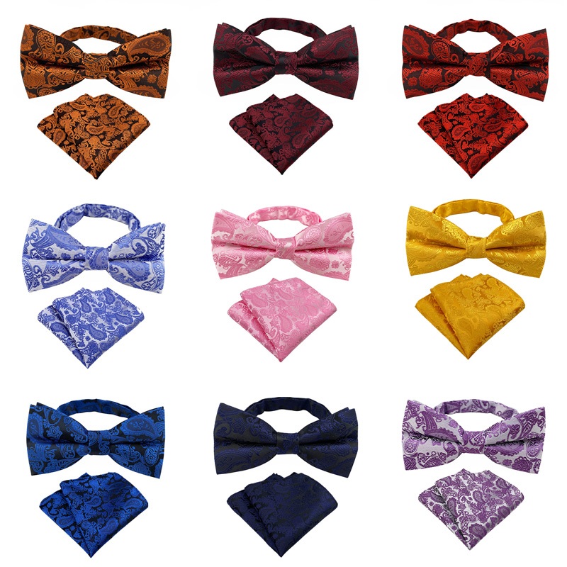 หรูหราผู้ชาย Bowtie ผ้าเช็ดหน้าชุดปรับ Man Vintage Paisley Bows Tie ผีเสื้อกระเป๋าสแควร์ Hanky Bows ชุด Lot สําหรับงานแต่งงาน