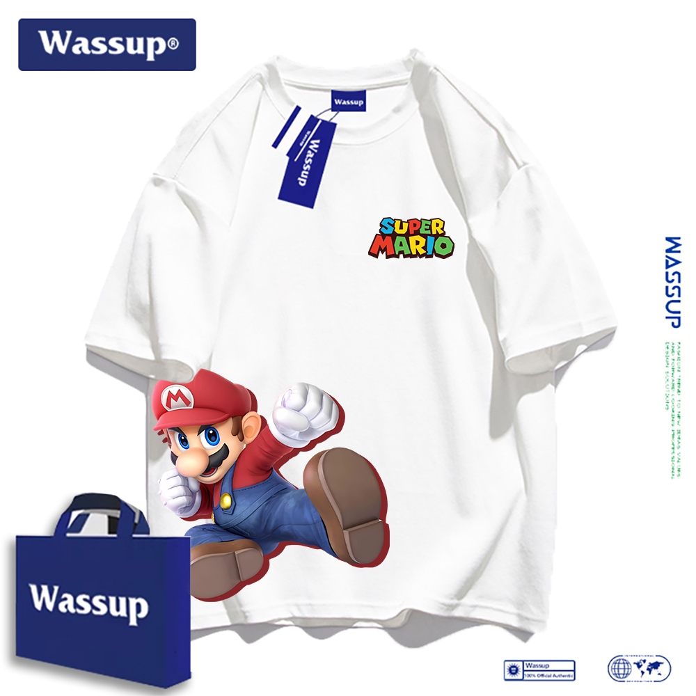 Wassup คอลเลกชันร่วมกับมาริโอเสื้อยืดแขนสั้นลายการ์ตูนคอตตอนแท้ใหม่ สวมใส่สบาย