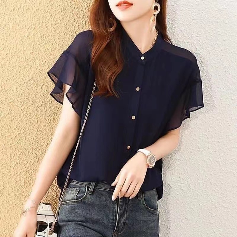 กระพือปีก แขนสั้นคอกลมเสื้อชีฟองสบายๆฤดูร้อนธรรมดา