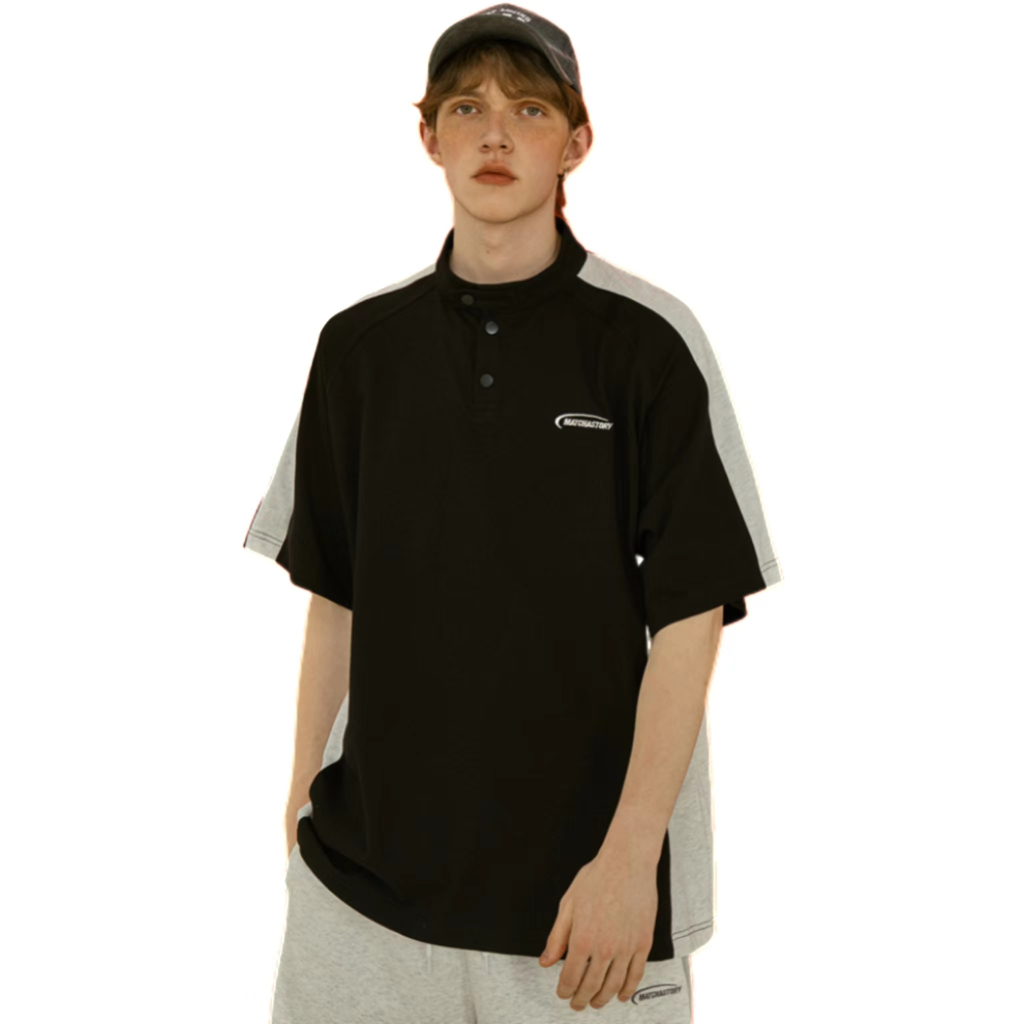 Proman- แขนสั้น เสื้อยืด ผู้ชาย ฤดูร้อน คอตั้ง รุ่นใหม่ สีตัดกัน แนววินเทจ แฟชั่น ยอดนิยม แมทช์ลุคง่าย