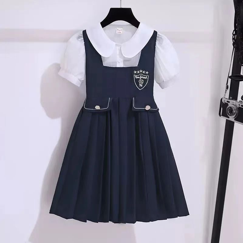 Lemon-tree 3-15Y สาว jk ชุดวิทยาลัยสไตล์กระโปรงเด็กชุดฤดูร้อนปลอมสองเด็กต่างประเทศสไตล์อังกฤษเสื้อชุด