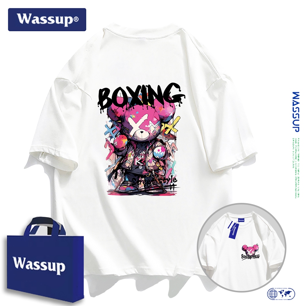 Wassup แบรนด์ต้นฉบับ เสื้อยืดสตรีทแฟชั่นลายพิมพ์หมีนักเลง สำหรับผู้ชาย แบบหลวม
