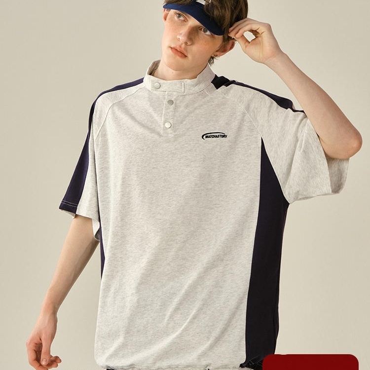 Becoolman- แนววินเทจ สไตล์อเมริกัน สีผสม คอตั้ง แขนสั้น ชาย แฟชั่น ยอดนิยม แมทช์ลุคง่าย เสื้อยืด