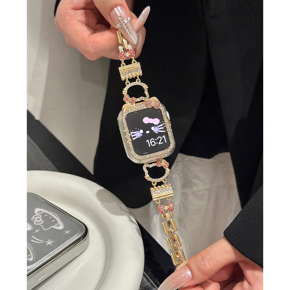 Diamond Cute Kitty Strap Case For Watch Series 9 8 7 6 5 4 3 2 1,se, se2,Ultra, Ultra 2 Strap Stylish i Watch Strap Size 38mm 42mm 49mm 41mm 45mm 40mm 44mm สาย i watch Strap and เคส i watch case