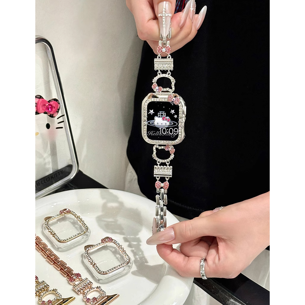 Diamond Cute Kitty Strap Case For Watch Series 9 8 7 6 5 4 3 2 1,se, se2,Ultra, Ultra 2 Strap Stylish i Watch Strap Size 38mm 42mm 49mm 41mm 45mm 40mm 44mm สาย i watch Strap and เคส i watch case
