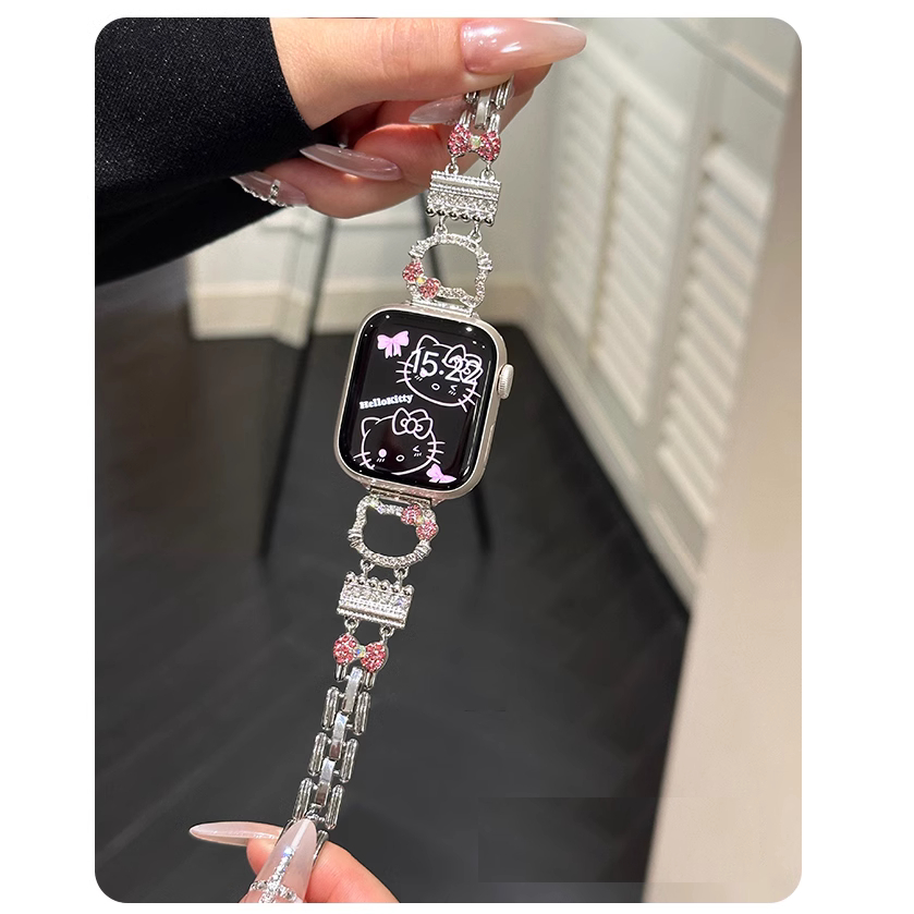 Diamond Cute Kitty Strap Case For Watch Series 9 8 7 6 5 4 3 2 1,se, se2,Ultra, Ultra 2 Strap Stylish i Watch Strap Size 38mm 42mm 49mm 41mm 45mm 40mm 44mm สาย i watch Strap and เคส i watch case