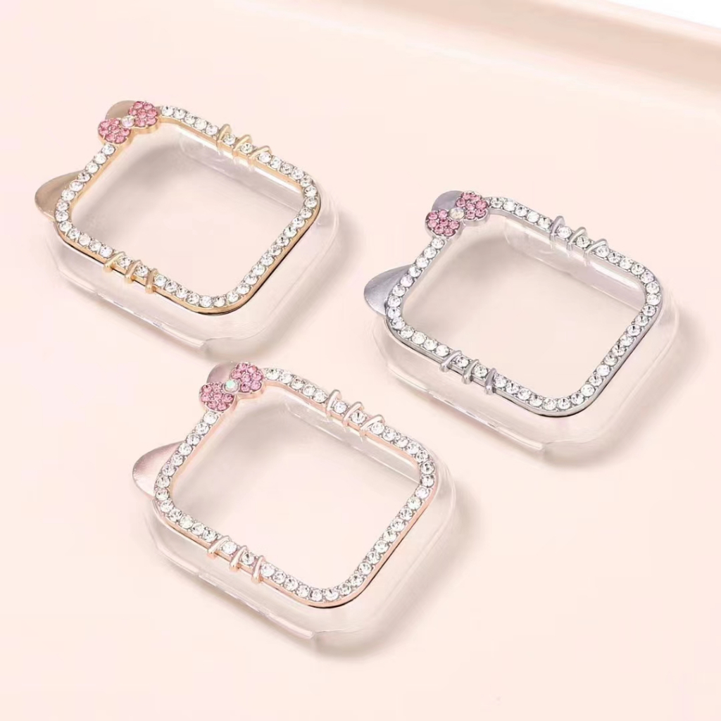 Diamond Cute Kitty Strap Case For Watch Series 9 8 7 6 5 4 3 2 1,se, se2,Ultra, Ultra 2 Strap Stylish i Watch Strap Size 38mm 42mm 49mm 41mm 45mm 40mm 44mm สาย i watch Strap and เคส i watch case