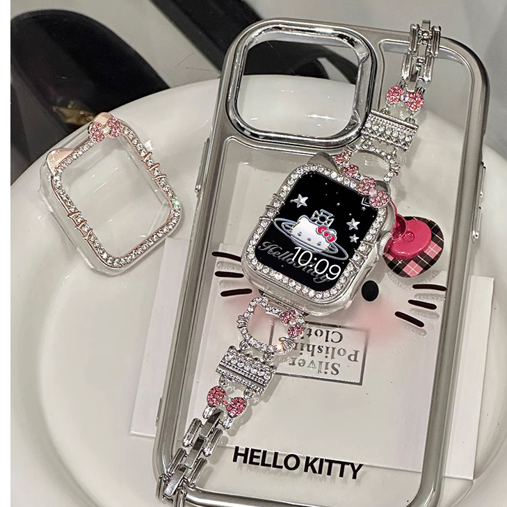Diamond Cute Kitty Strap Case For Watch Series 9 8 7 6 5 4 3 2 1,se, se2,Ultra, Ultra 2 Strap Stylish i Watch Strap Size 38mm 42mm 49mm 41mm 45mm 40mm 44mm สาย i watch Strap and เคส i watch case