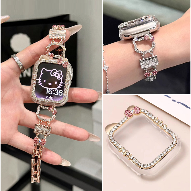 Diamond Cute Kitty Strap Case For Watch Series 9 8 7 6 5 4 3 2 1,se, se2,Ultra, Ultra 2 Strap Stylish i Watch Strap Size 38mm 42mm 49mm 41mm 45mm 40mm 44mm สาย i watch Strap and เคส i watch case