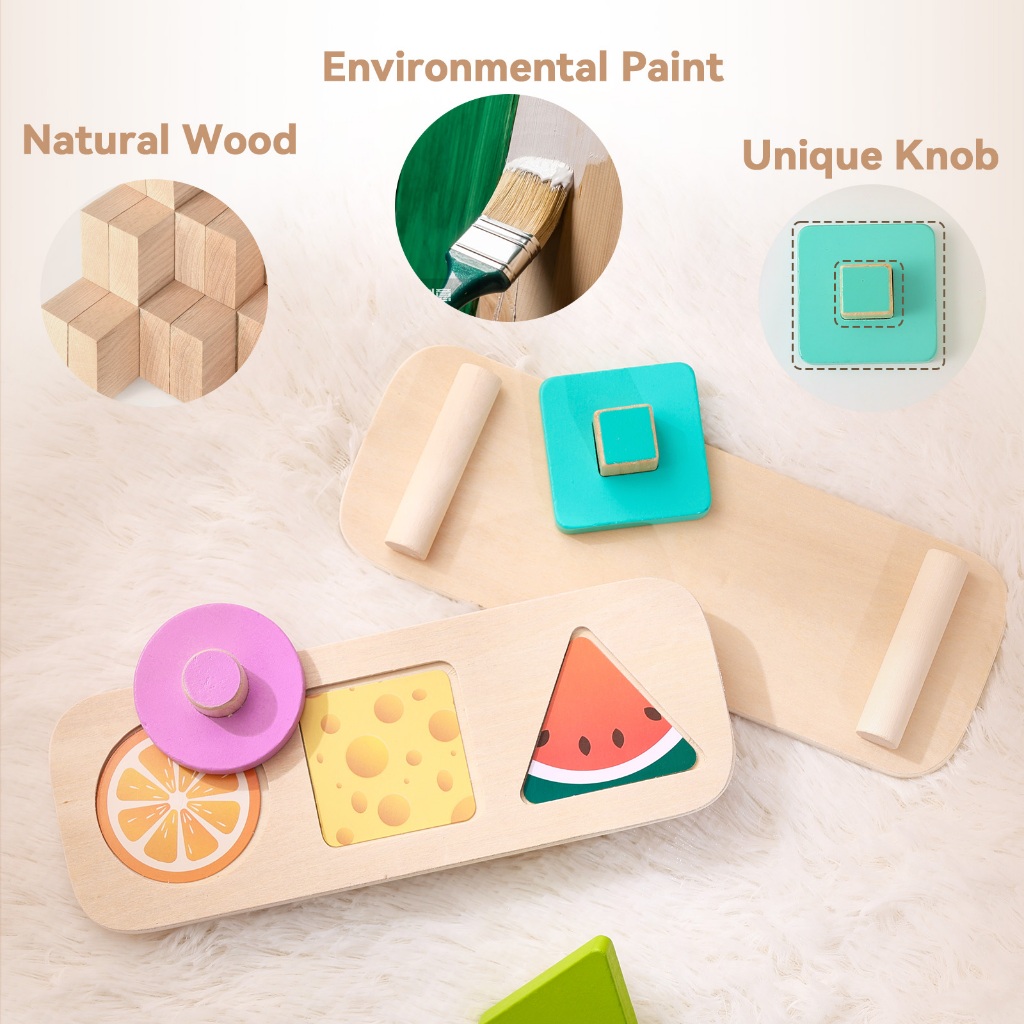 Montessori ช่วยสอนรูปทรงเรขาคณิต Hand-Held Board รูปร่างการจับคู่สีความรู้ความเข้าใจของเล่นไม้แตงโมและสีส้ม