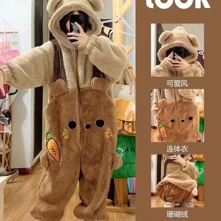 HAPY ชุดนอนจั๊มสูท ผ้าฟลีซ แบบหนา ลายการ์ตูนกระต่ายน่ารัก แฟชั่นฤดูหนาว สําหรับเด็กผู้หญิง