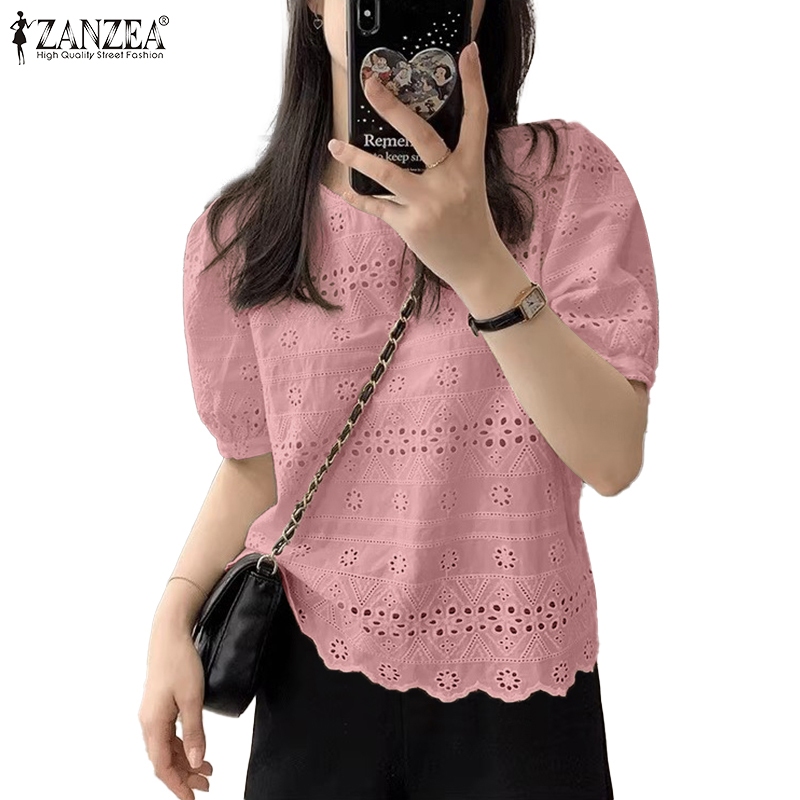 ZANZEA ซานเซีย ผู้หญิงเกาหลีลําลองรอบคอพัฟแขนกลวงเย็บปักถักร้อยเสื้อหลวม