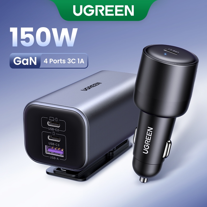 Ugreen GaN 150W Max 4 พอร์ต PD3.1 140W Fast Charging Car Charger สําหรับ Macbook, iPad, iPhone 15 Pro Max, 14, 13, 12