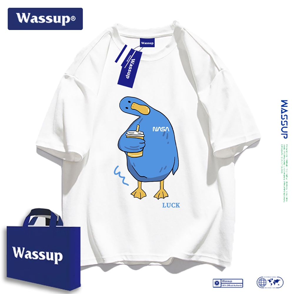 Wassup แบรนด์ต้นฉบับออกแบบ เสื้อยืดแขนสั้นลายเป็ดคอเอียง สำหรับผู้ชาย ผ้าฝ้ายแท้แบบหลวม