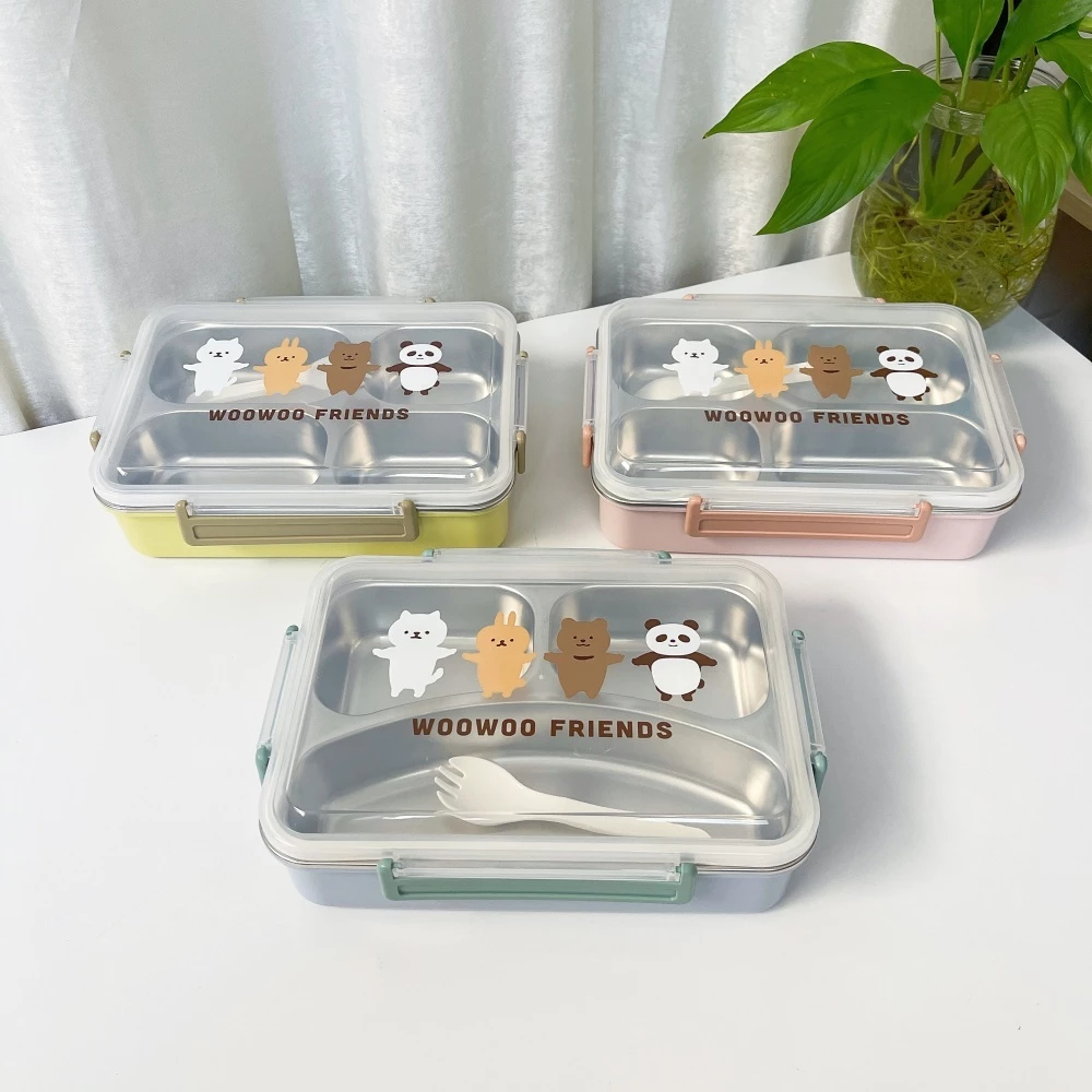 กล่องอาหารกลางวันหุ้มฉนวนสี่เหลี่ยมสแตนเลส 304 แท้ -ความจุ 1100มล การออกแบบ 3 ส่วนมาพร้อมกับช้อนกล่องอาหารกลางวันนักเรียนการ์ตูนน่ารักพนักงานออฟฟิศ