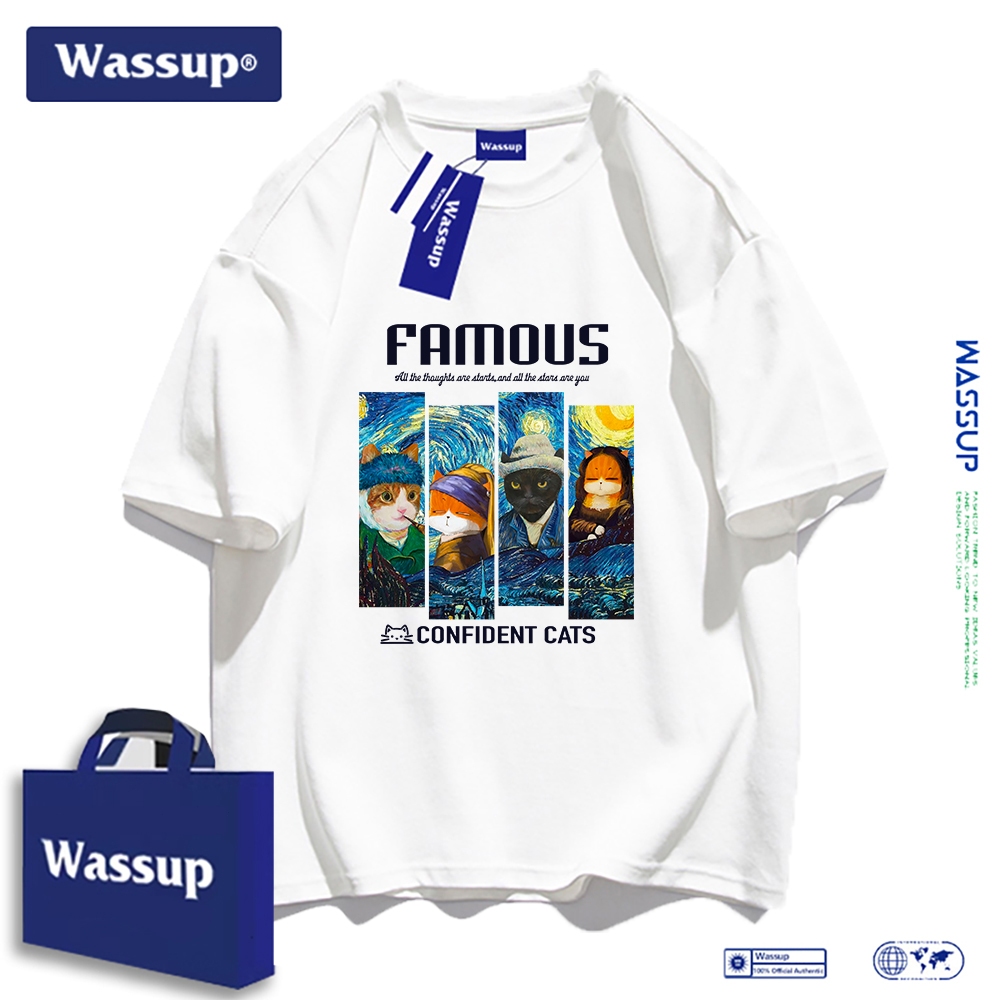 Wassup เสื้อยืดแขนสั้นลายการ์ตูนแนวน้ำมัน สำหรับผู้ชาย รุ่นใหม่ ผ้าฝ้ายแท้ แบบหลวมสบาย สำหรับวัยรุ่น