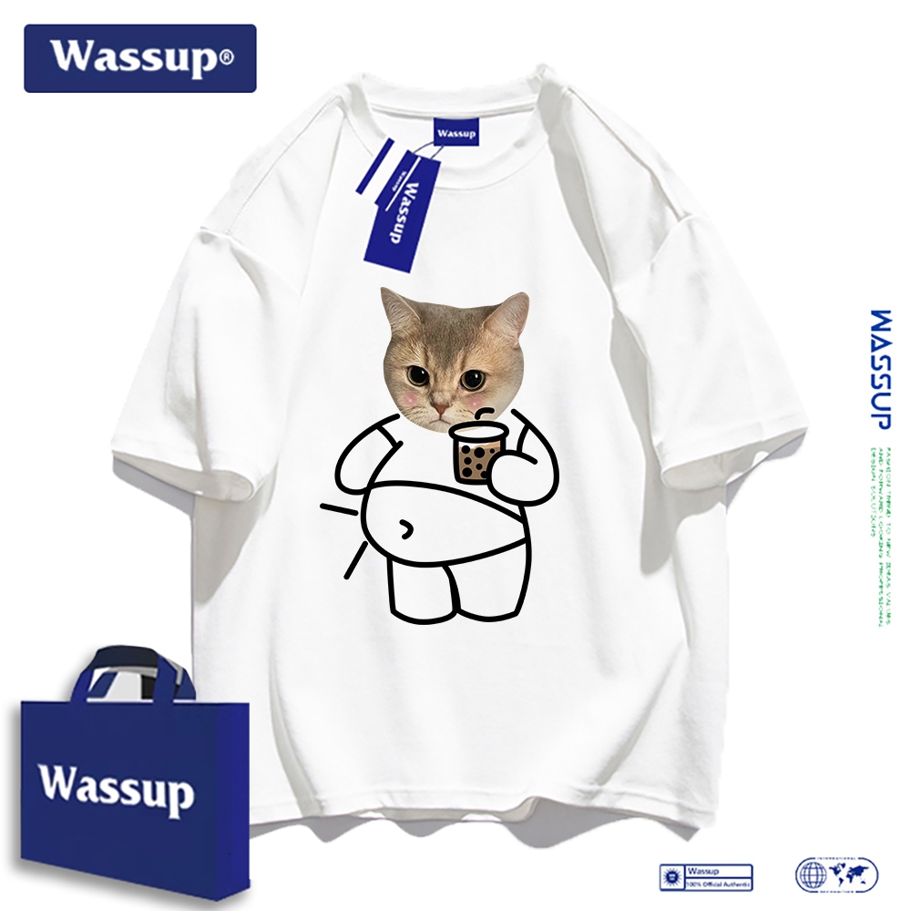 Wassup เสื้อยืดแขนสั้นคอกลมลายการ์ตูนแมวน่ารัก ผ้าฝ้าย 100% สไตล์หลวม